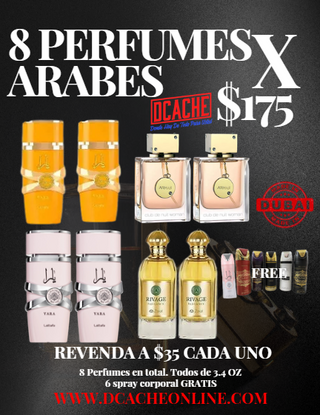 8 Perfumes Arabes de Mujer + 6 Spray Corporal GRATIS x $175