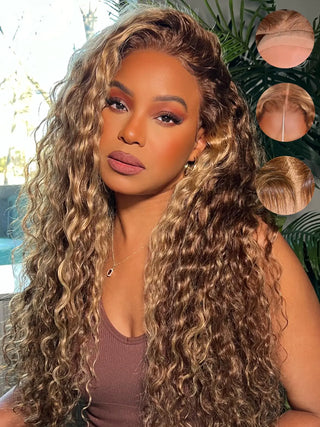 Pelucas YIROO Nudos Decolorados Rubia Miel Ondulada de Agua de Pelo Humano Peluca Sin Adhesivo de Encaje HD 7X5 Frente Con Cordón Cabello Humano Pre-cortado/Desplumado Densidad 180% 26 Pulgadas